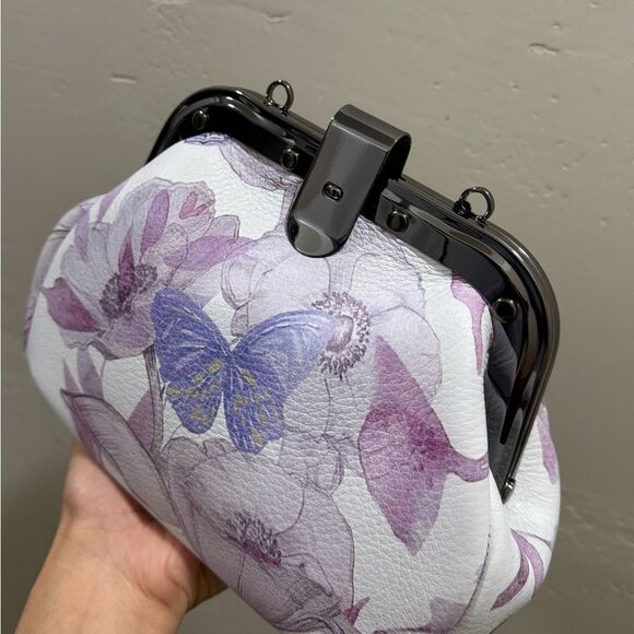 Butterfly Print Cowhide Leather Handmade Rivet Frame Push Lock Multi Use Handbag - Picture 11 of 16